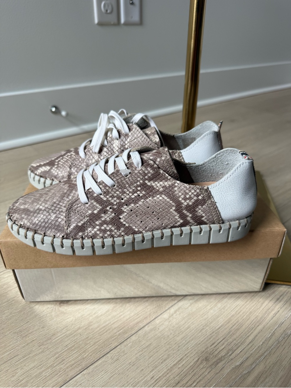 Andre Assous Taupe Snake-Print Lace-Up Sneakers with White Heel